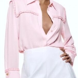 Zara  Contrast Textured Appliqué Long Sleeve Shirt  Pastel Pink XLarge